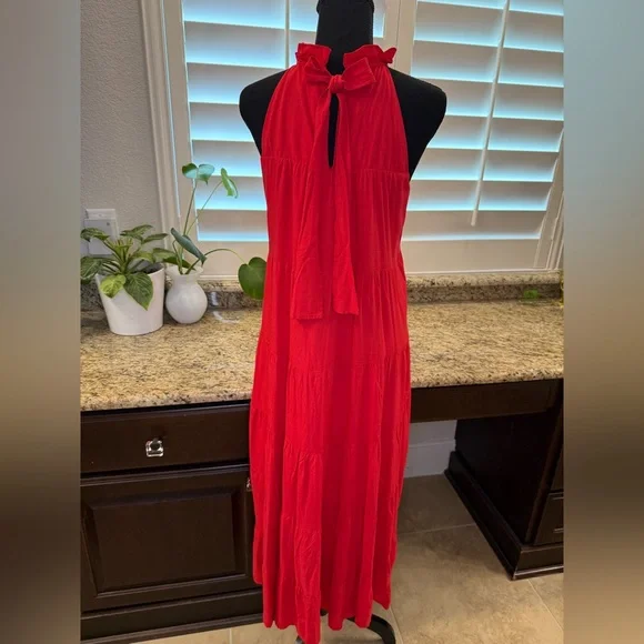 NWT Red Tiered Halter Maxi Dress with Pockets – Size M - Picture 3 of 7